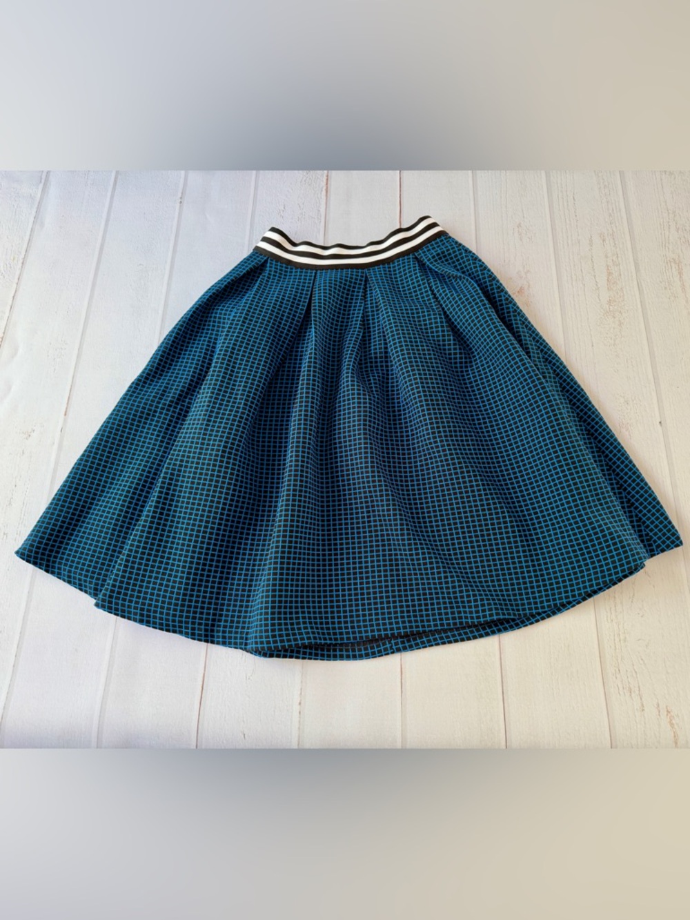 English Factory Blue Black Grid Print Pleated Midi Skirt Striped Waistband S